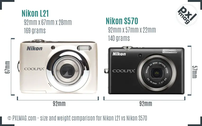 Nikon L21 vs Nikon S570 size comparison