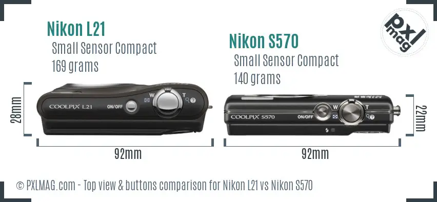 Nikon L21 vs Nikon S570 top view buttons comparison