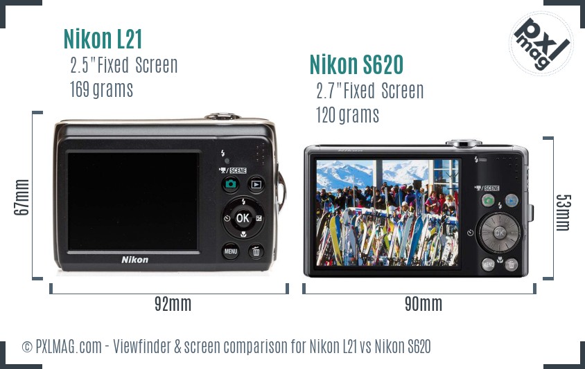 Nikon L21 vs Nikon S620 Screen and Viewfinder comparison