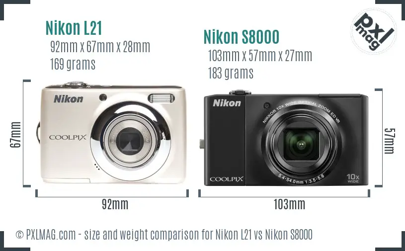 Nikon L21 vs Nikon S8000 size comparison