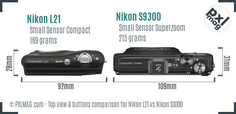 Nikon L21 vs Nikon S9300 top view buttons comparison