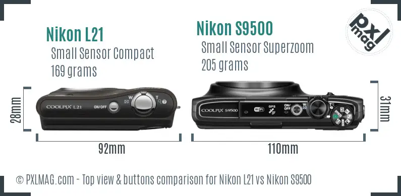 Nikon L21 vs Nikon S9500 top view buttons comparison Nikon L21 vs Nikon S9500 top view buttons comparison