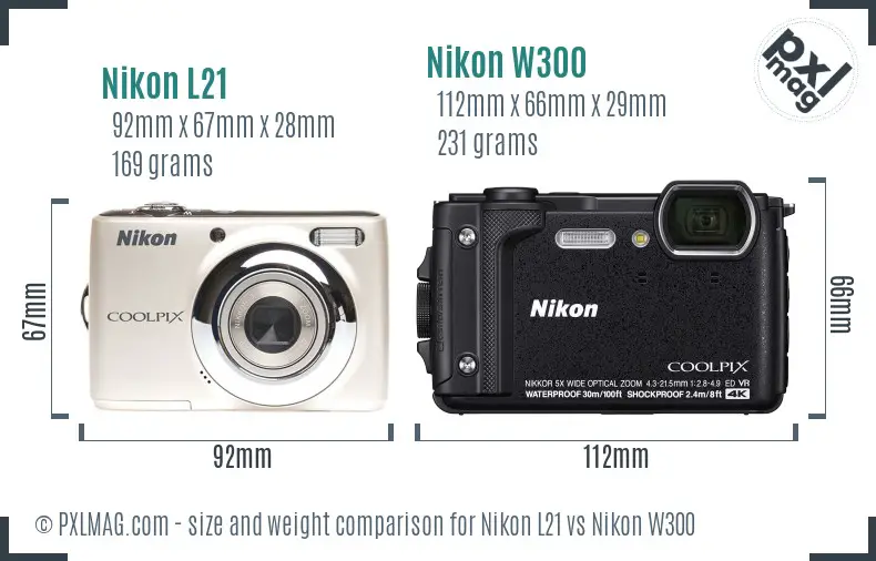 Nikon L21 vs Nikon W300 size comparison