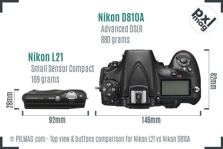 Nikon L21 vs Nikon D810A top view buttons comparison