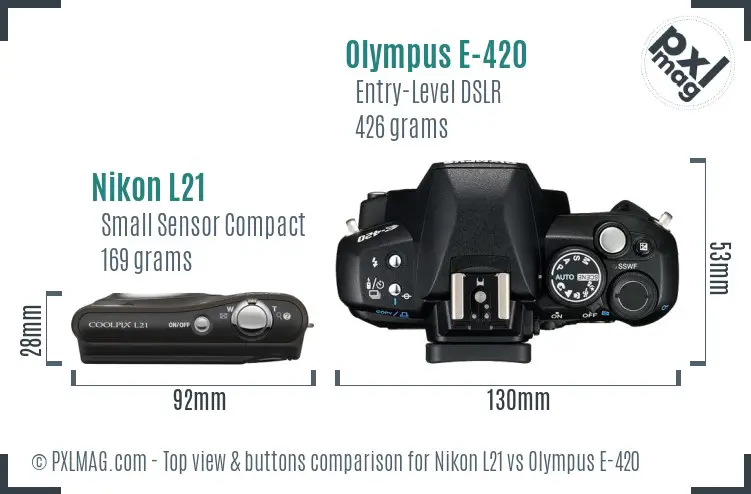 Nikon L21 vs Olympus E-420 top view buttons comparison