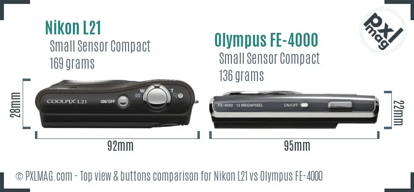 Nikon L21 vs Olympus FE-4000 top view buttons comparison