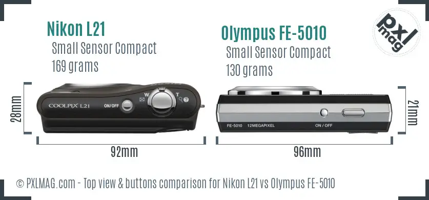 Nikon L21 vs Olympus FE-5010 top view buttons comparison