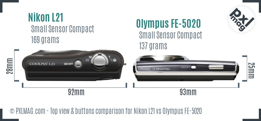 Nikon L21 vs Olympus FE-5020 top view buttons comparison