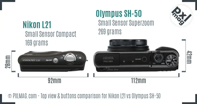Nikon L21 vs Olympus SH-50 top view buttons comparison