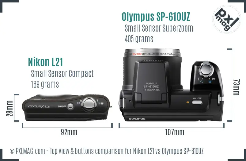 Nikon L21 vs Olympus SP-610UZ top view buttons comparison Nikon L21 vs Olympus SP-610UZ top view buttons comparison