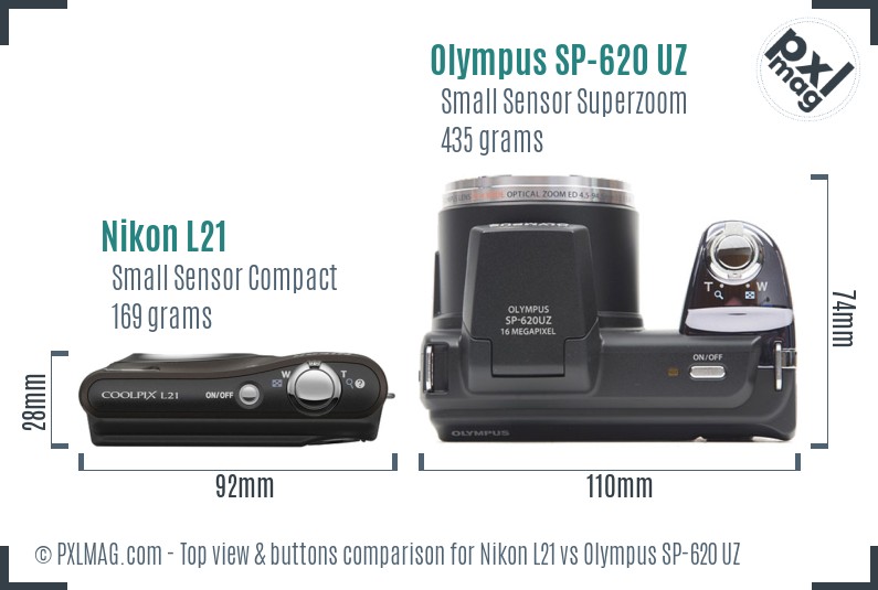 Nikon L21 vs Olympus SP-620 UZ top view buttons comparison