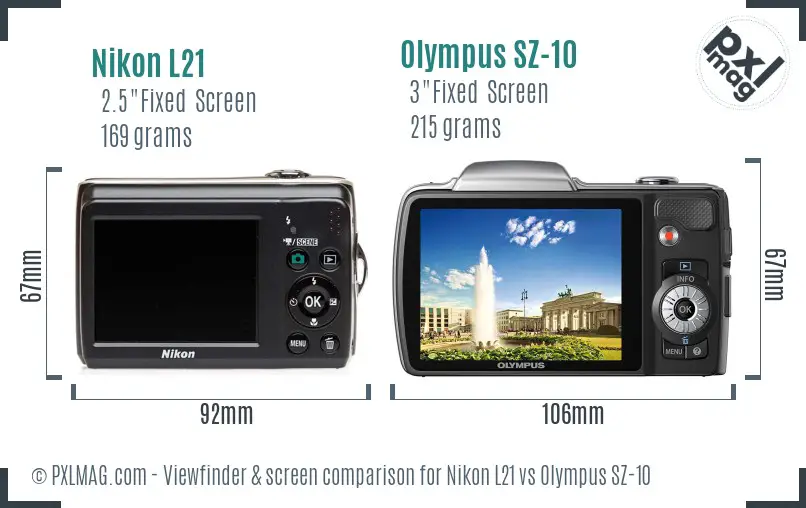 Nikon L21 vs Olympus SZ-10 Screen and Viewfinder comparison