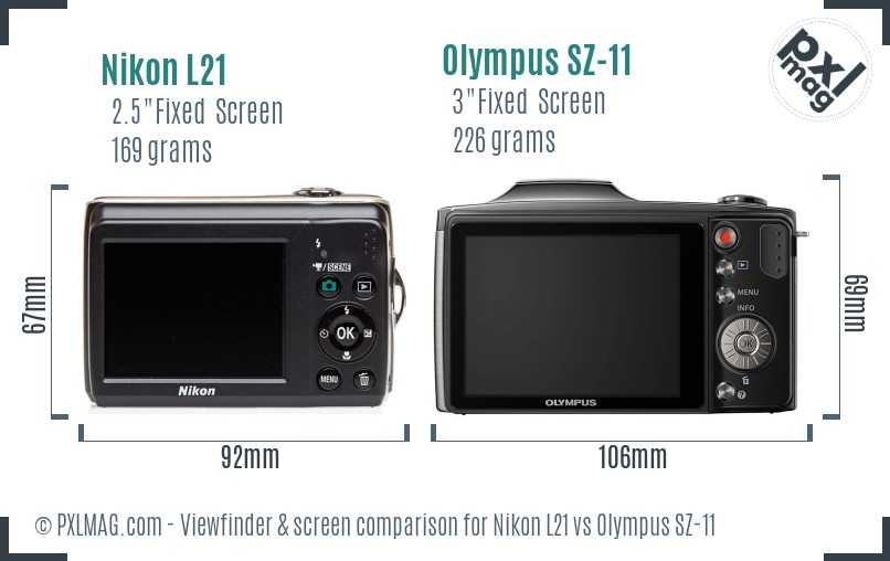 Nikon L21 vs Olympus SZ-11 Screen and Viewfinder comparison