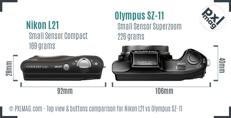 Nikon L21 vs Olympus SZ-11 top view buttons comparison