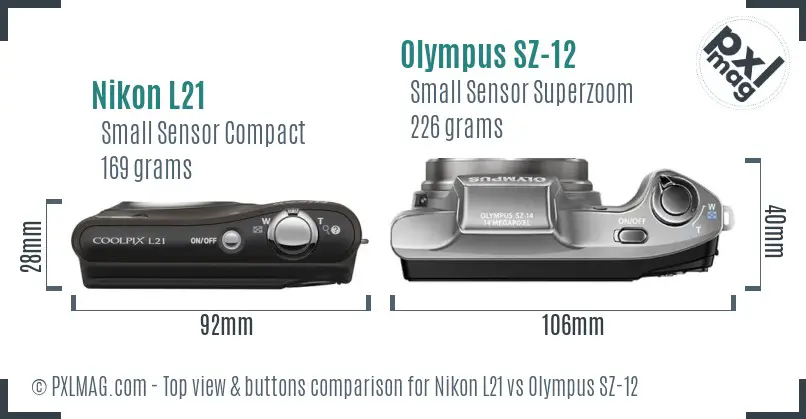 Nikon L21 vs Olympus SZ-12 top view buttons comparison Nikon L21 vs Olympus SZ-12 top view buttons comparison