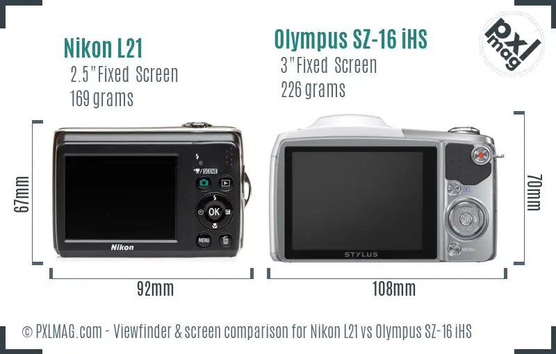 Nikon L21 vs Olympus SZ-16 iHS Screen and Viewfinder comparison