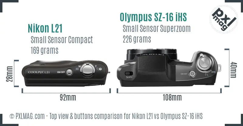 Nikon L21 vs Olympus SZ-16 iHS top view buttons comparison