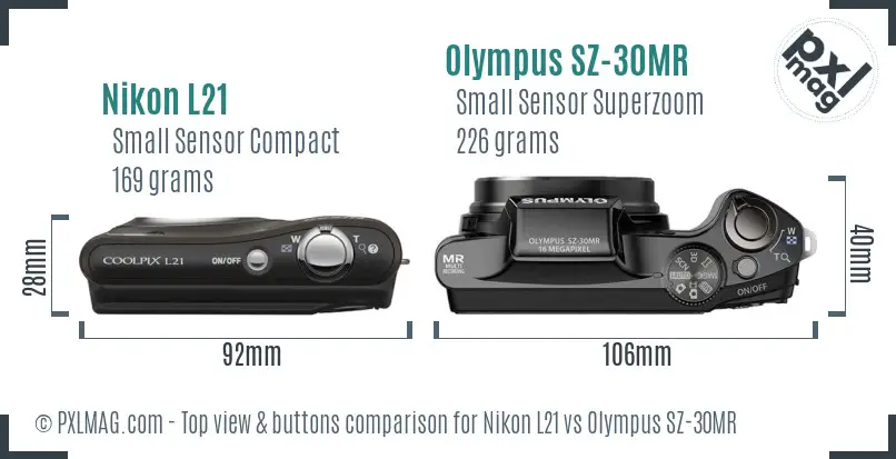 Nikon L21 vs Olympus SZ-30MR top view buttons comparison