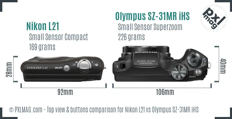 Nikon L21 vs Olympus SZ-31MR iHS top view buttons comparison