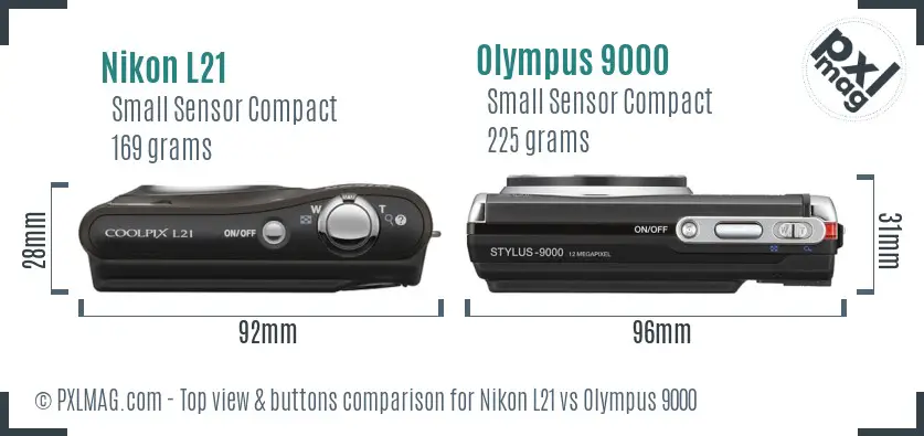 Nikon L21 vs Olympus 9000 top view buttons comparison Nikon L21 vs Olympus 9000 top view buttons comparison