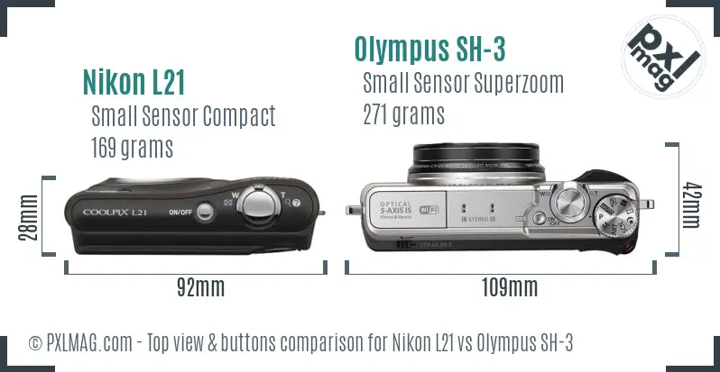 Nikon L21 vs Olympus SH-3 top view buttons comparison