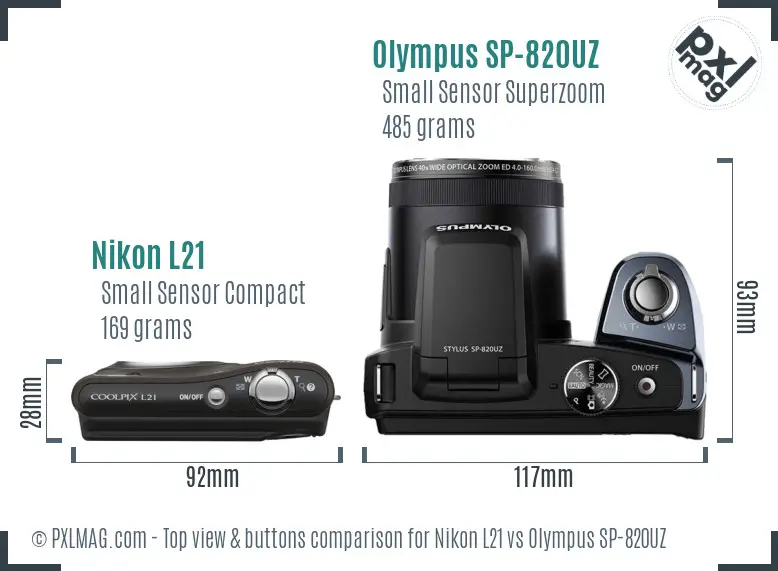 Nikon L21 vs Olympus SP-820UZ top view buttons comparison