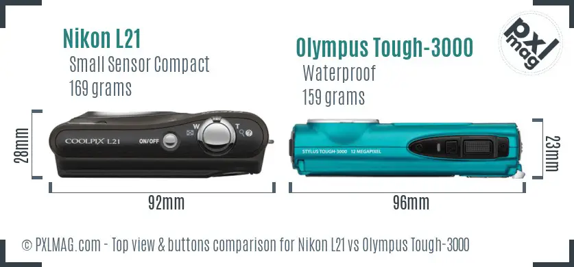 Nikon L21 vs Olympus Tough-3000 top view buttons comparison Nikon L21 vs Olympus Tough-3000 top view buttons comparison