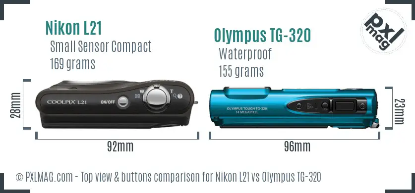 Nikon L21 vs Olympus TG-320 top view buttons comparison Nikon L21 vs Olympus TG-320 top view buttons comparison