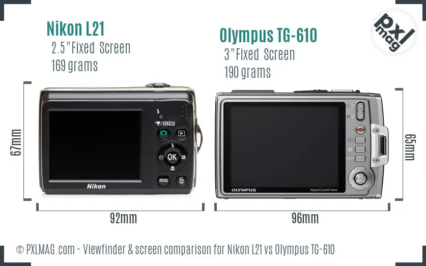 Nikon L21 vs Olympus TG-610 Screen and Viewfinder comparison