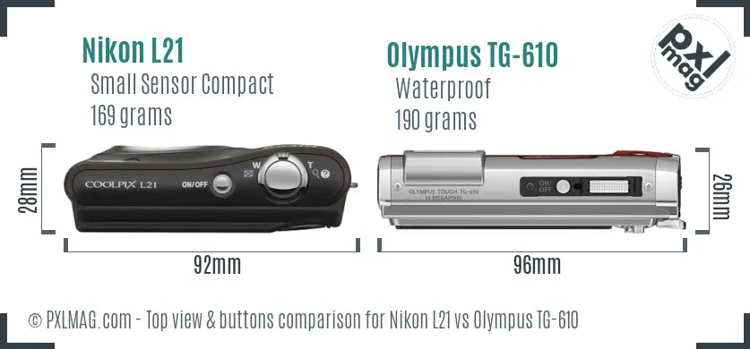 Nikon L21 vs Olympus TG-610 top view buttons comparison