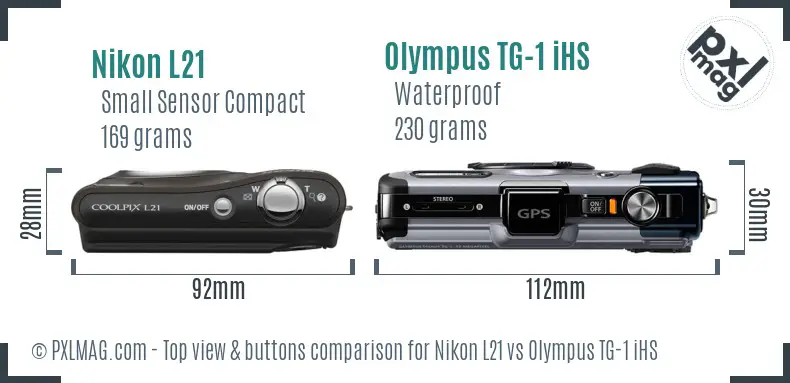 Nikon L21 vs Olympus TG-1 iHS top view buttons comparison