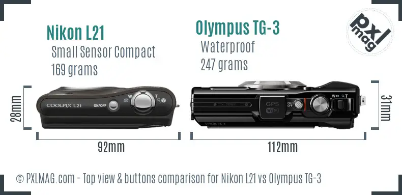 Nikon L21 vs Olympus TG-3 top view buttons comparison