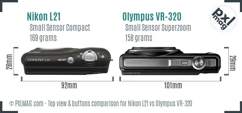 Nikon L21 vs Olympus VR-320 top view buttons comparison Nikon L21 vs Olympus VR-320 top view buttons comparison