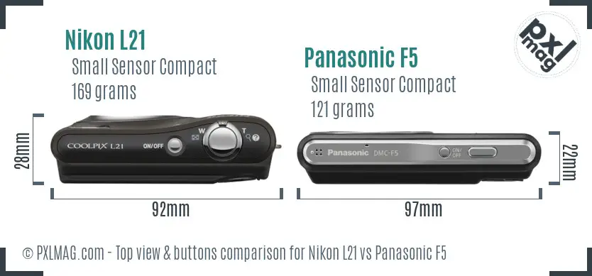 Nikon L21 vs Panasonic F5 top view buttons comparison