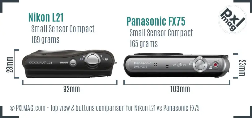 Nikon L21 vs Panasonic FX75 top view buttons comparison