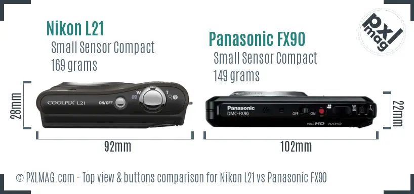 Nikon L21 vs Panasonic FX90 top view buttons comparison