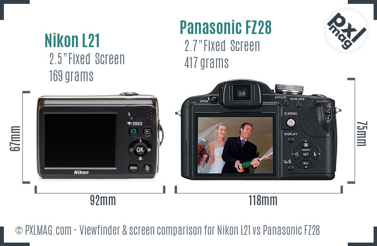 Nikon L21 vs Panasonic FZ28 Screen and Viewfinder comparison