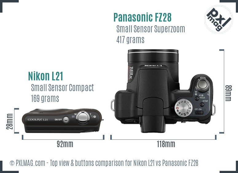 Nikon L21 vs Panasonic FZ28 top view buttons comparison