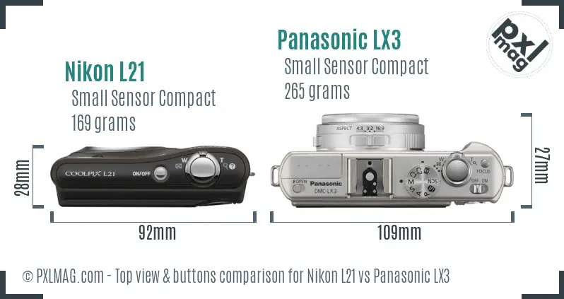 Nikon L21 vs Panasonic LX3 top view buttons comparison