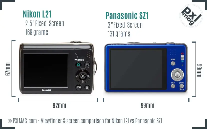 Nikon L21 vs Panasonic SZ1 Screen and Viewfinder comparison
