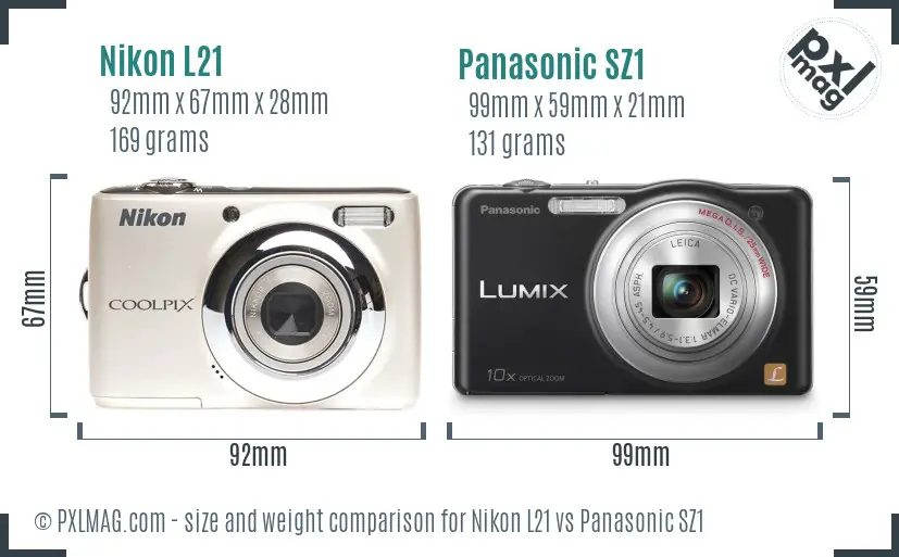 Nikon L21 vs Panasonic SZ1 size comparison