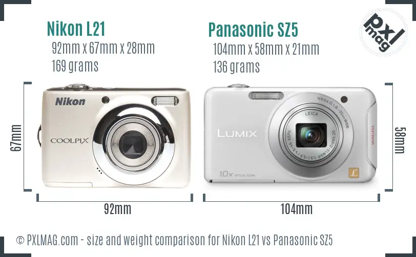 Nikon L21 vs Panasonic SZ5 size comparison