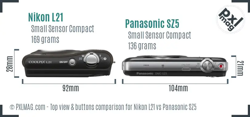 Nikon L21 vs Panasonic SZ5 top view buttons comparison
