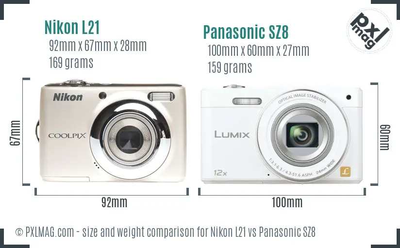 Nikon L21 vs Panasonic SZ8 size comparison