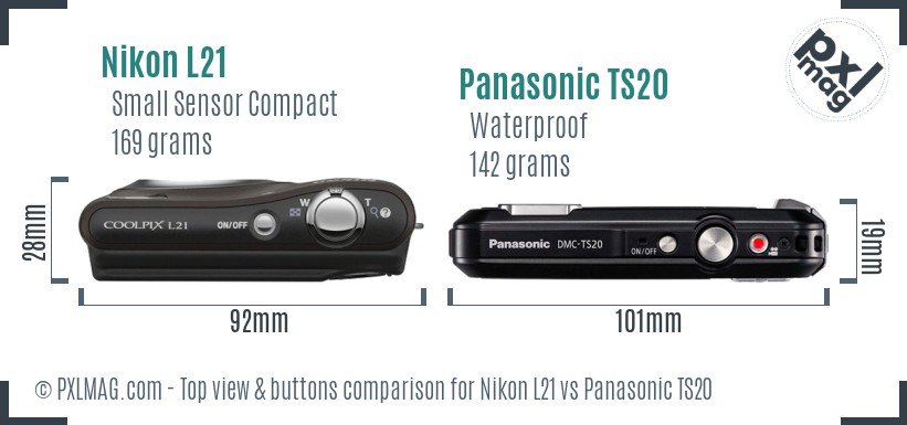 Nikon L21 vs Panasonic TS20 top view buttons comparison