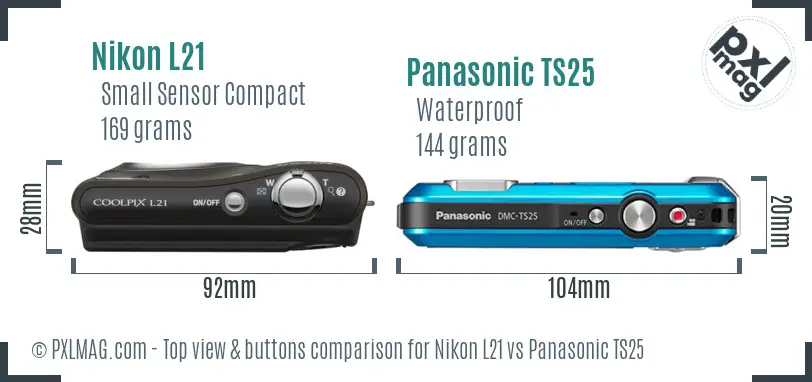 Nikon L21 vs Panasonic TS25 top view buttons comparison