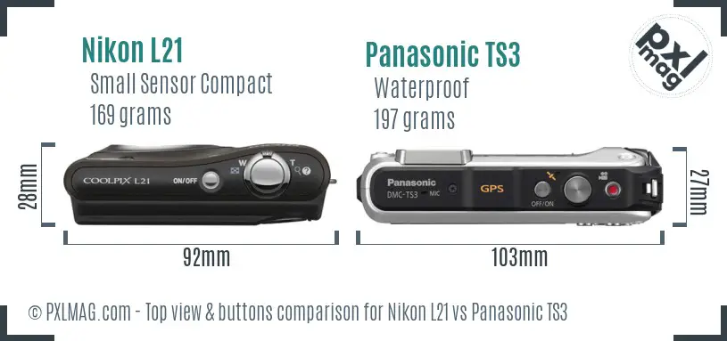 Nikon L21 vs Panasonic TS3 top view buttons comparison