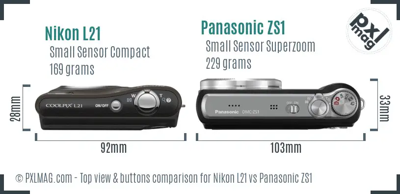 Nikon L21 vs Panasonic ZS1 top view buttons comparison Nikon L21 vs Panasonic ZS1 top view buttons comparison