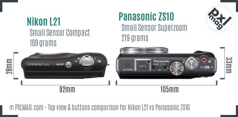 Nikon L21 vs Panasonic ZS10 top view buttons comparison