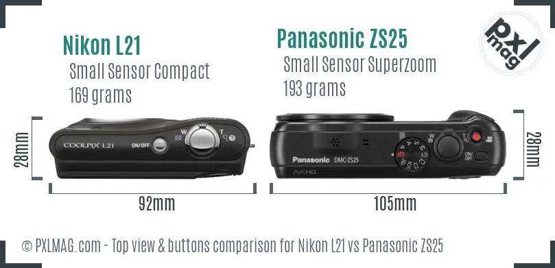 Nikon L21 vs Panasonic ZS25 top view buttons comparison
